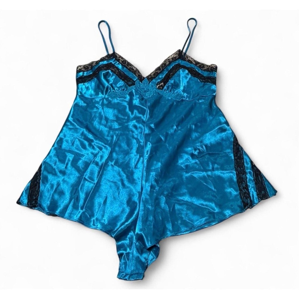 Vintage Victoria's Secret Romper Teddy Medium Blue Satin Black Lace Lingerie